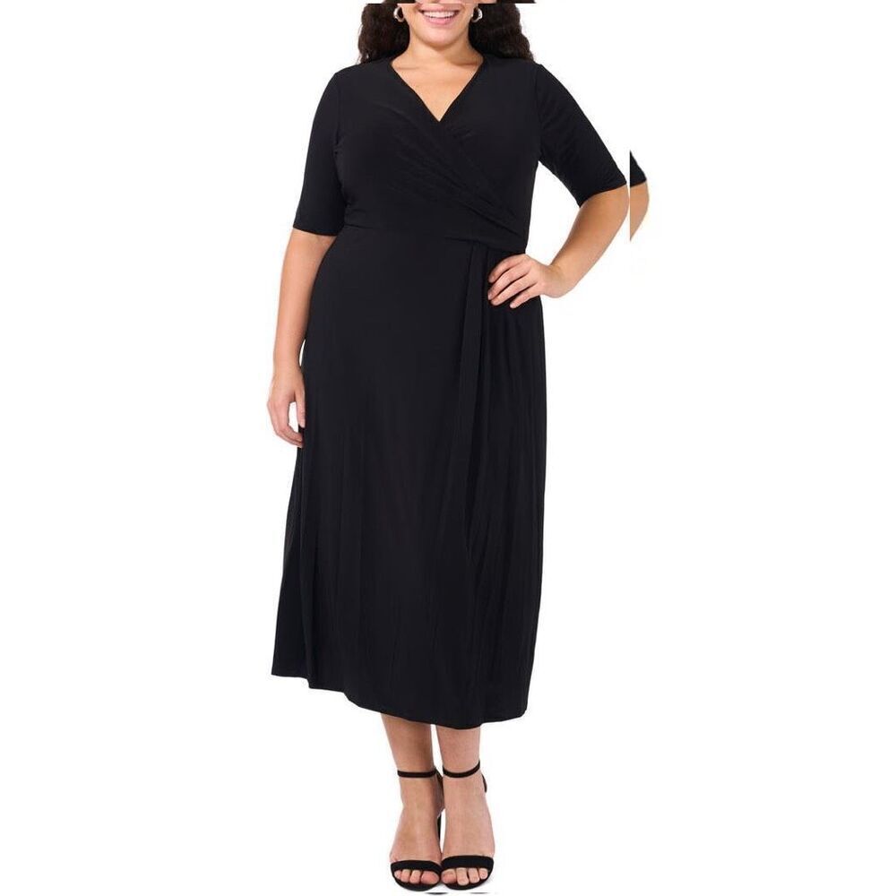 Chaus XL Black Laura Faux Wrap Midi Dress Half Sleeves Career Evening Travel